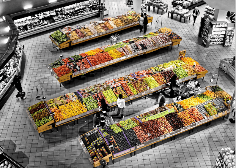 fresh fruit and vegetables in a supermarket